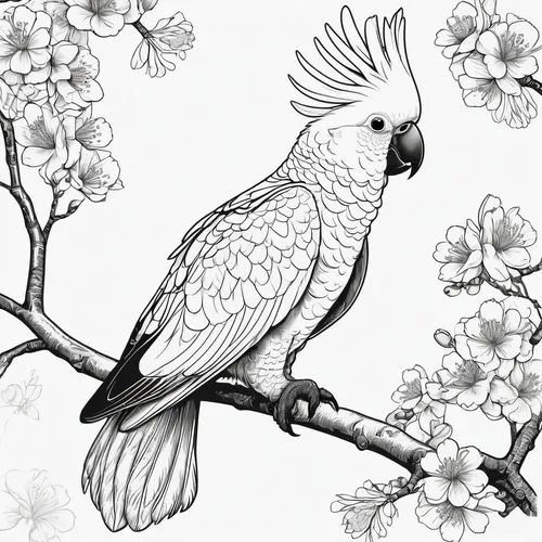 flower and bird illustration,ornamental bird,an ornamental bird,line art birds,confuciusornis,bird illustration,Illustration,Black and White,Black and White 04