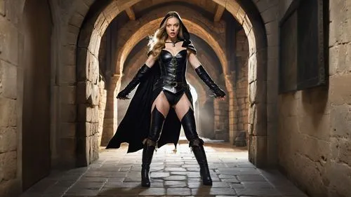 Her black boots extend to the floor. The stone hallway of an old medieval castle continues,a woman dressed as a  cop in a hallway,witchblade,beckinsale,helsing,caius,sorceress,morgause