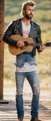 Gunnar Murray, muscular man, rugged beard, messy blond hair, intense gaze, worn leather jacket, white tank top, distressed denim jeans, heavy boots, holding a guitar, standing, rustic wooden backgroun