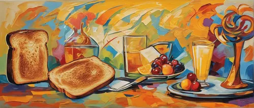 Create a mysterious scene where a piece of toast holds the key to solving a crime.,still life with jam and pancakes,still-life,breakfast table,french toast,summer still-life,culinary art,bread spread,