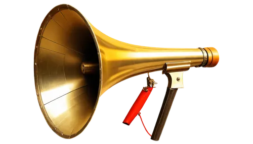 Old-fashioned megaphone, shiny metal material, golden handle, curved shape, loudspeaker grille, vintage design, worn-out surface, detailed texture, dramatic lighting, low-angle shot, close-up composit