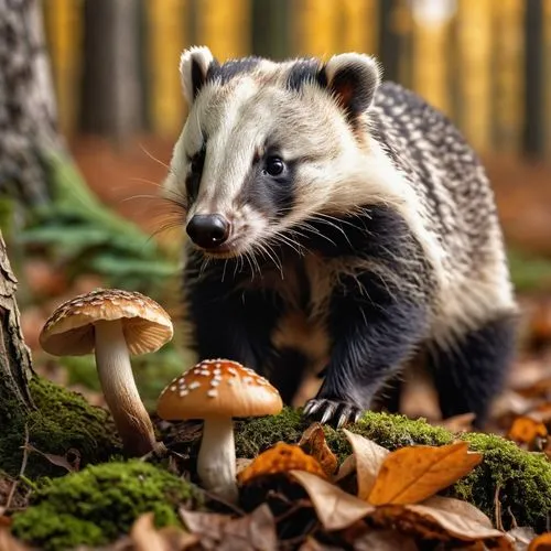 a badger and a mushroom in a forest in fall,an badger is walking through the forest and there is mushroom in front of it,tanuki,north american raccoon,badger,orava,porcini,orlyk,Photography,General,Re