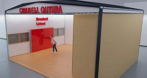 a 3d - printed po of a child walking into a red door,rubell,curatorial,sales booth,prefabricated buildings,rietveld,consulting room,cubicle,containable,camell isolated,shelterbox,containerized,viviend