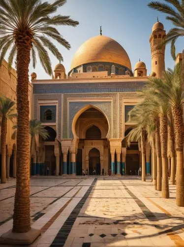 Ancient Egyptian-inspired building, Cairo cityscape, Islamic geometric patterns, intricate stone carvings, golden domes, minarets, ornate archways, vibrant tile work, Arabic calligraphy, mosque-like s