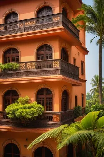 Duplex house, Indian architectural style, modern twist, vibrant colors, intricate carvings, ornate doorways, large windows, balconies with intricate railings, red terracotta tiles, sloping roofs, lush