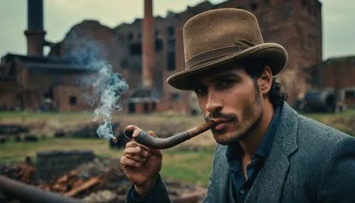 portrait, gipsy male, 30 years old, with a big gipsy hat, smoking a big pipe, in front of ruined brick factory,riario,borsalino,farnaby,taghmaoui,sartana,alatriste,samourai,sherlock holmes,whishaw,dja