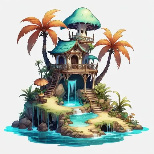 floating island,floating islands,tropical island,island suspended,wishing well,island,Illustration,Abstract Fantasy,Abstract Fantasy 11