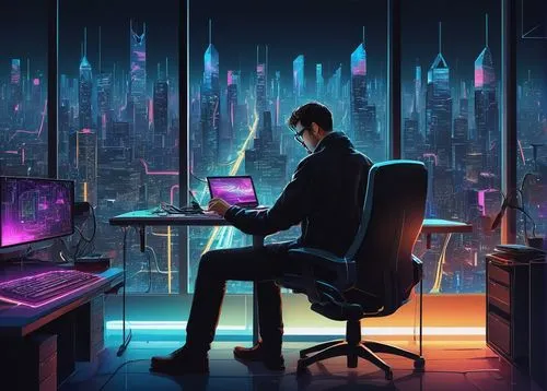 cyberpunk,cybertown,cybercity,night administrator,man with a computer,cyberworld,cyberscene,cityscape,modern office,cyberview,cyberia,cybertrader,cybernet,cyberian,sci fiction illustration,cyberport,world digital painting,technophobia,computerologist,working space,Illustration,Vector,Vector 08