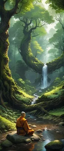 A quietly and nice forest.  A beautiful stream across the forest.  A monk is meditating under a big tree. ,mushroom landscape,frog background,cartoon video game background,forest background,forest lan