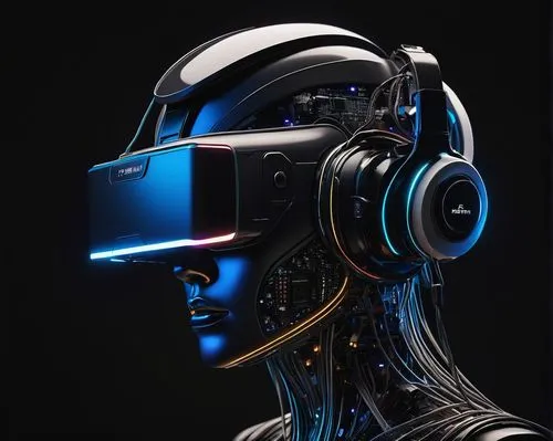 futuristic, high-tech, complex structure, metallic materials, neon lights, wires, circuits, motherboard, computer chips, robotic arms, holographic display, virtual reality headset, 3D model, sleek lin