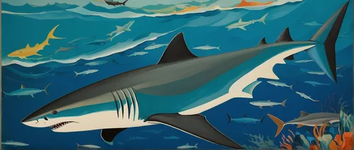 bronze hammerhead shark,atlantic bluefin tuna,cetacea,requiem shark,sailfish,forage fish,sand tiger shark,atlantic blue marlin,bull shark,thunnus,great white shark,wide sawfish,sea animals,tursiops truncatus,swordfish,marine reptile,vector illustration,hammerhead,shark,shoal,Art,Artistic Painting,Artistic Painting 35