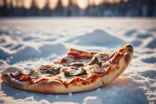 A piece of pizza placed on the snow,pizza oven,frozen food,snow ring,wood fired pizza,stone oven pizza,finnish lapland,pizza hawaii,snow destroys the payment pocket,mystic light food photography,pizze