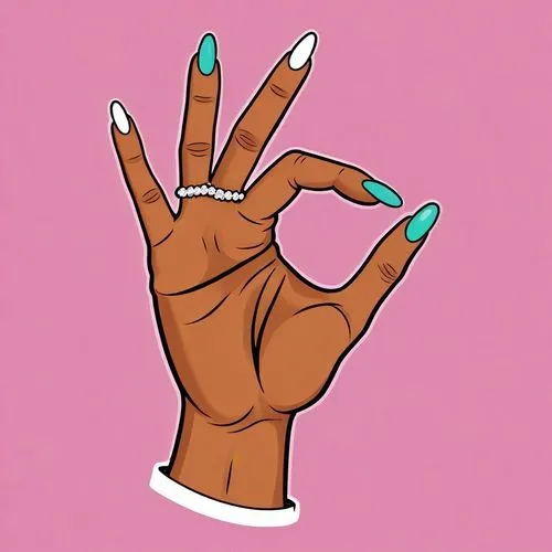 an open hand showing the peace sign on pink paper,hand sign,hand digital painting,mani,westside,pop art style,mudras