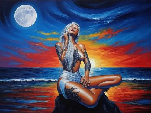 Moonlit Serenity by the Sea ,Passion Sexy Painting ,Naked Woman  Abstract Body Art Oil Painting
,mother earth,kundalini,blue moon,amphitrite,shamanic,oil painting on canvas,bodypainting,sirene,art pai