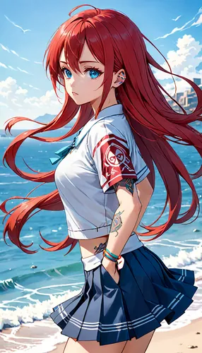 red-haired,beach background,ocean background,scarlet sail,the sea maid,redhair,red head,ocean,red hair,sea ocean,summer background,sea,beach scenery,red summer,honolulu,the wind from the sea,maki,kantai collection sailor,delta sailor,sun and sea,Anime,Anime,Realistic