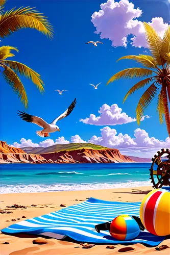 Beach scene, palm trees, clear blue sky, fluffy white clouds, sunny day, seagulls flying, waves crashing, sandy shore, beach balls, colorful towels, sunglasses, tropical flowers, warm lighting, panora