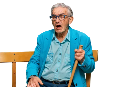 Old man, wrinkled face, gray hair, glasses, worn-out clothes, sitting on a wooden chair, both hands holding a cane, serious expression, coughing intensely, mouth open wide, eyes closed tight, warm lig