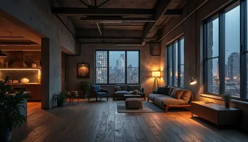 industrial urban loft, high ceiling, concrete walls, exposed pipes, wooden floorboards, minimalist decor, modern furniture, steel beams, large windows, cityscape view, nighttime, soft box lighting, wa