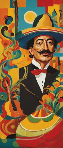 el salvador dali,pandero jarocho,dali,groucho marx,mariachi,mexican calendar,salvador guillermo allende gossens,mexican revolution,mexican culture,cholado,meticulous painting,tijuana,guanajuato,olodum,mexican hat,sombrero,ringmaster,san cristobal,queretaro,mexican,Art,Artistic Painting,Artistic Painting 20