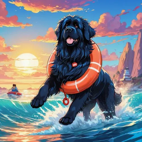 leonberger,giant schnauzer,flat-coated retriever,portuguese water dog,dog illustration,tibetan mastiff,tibetan terrier,dog in the water,gordon setter,pont-audemer spaniel,water dog,black russian terrier,bernese mountain dog,picardy spaniel,blue picardy spaniel,affenpinscher,keeshond,rottweiler,retriever,boykin spaniel,Illustration,Japanese style,Japanese Style 03