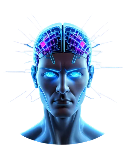 Neon-lit, futuristic, cyberpunk-inspired, sci-fi theme, 3D brain model, glowing blue circuits, pulsing purple lights, intricate mechanical details, metallic silver surfaces, reflective glass screens, 