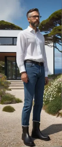 Mature male architect, 30s, short brown hair, glasses, beard, white shirt, dark blue jeans, black boots, holding a blueprint, standing in front of a Cornish seaside villa, modern minimalist design, la