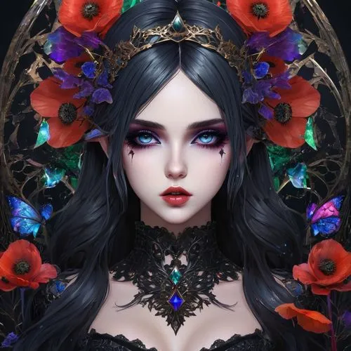 fantasy portrait,widow flower,gothic portrait,crow queen,wreath of flowers,gothic woman,black rose hip,masquerade,elven flower,vampire lady,vanessa (butterfly),fallen petals,vampire woman,goth woman,black rose,gothic fashion,floral wreath,gothic style,fantasy art,deadly nightshade,Illustration,Realistic Fantasy,Realistic Fantasy 46