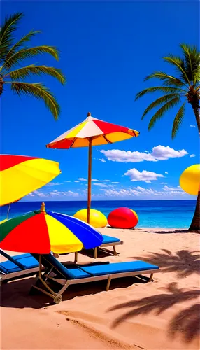 Summer background, vibrant colors, clear blue sky, fluffy white clouds, warm sunlight, palm trees swaying gently, beach balls scattered around, colorful beach umbrellas, lounge chairs, soft sandy text