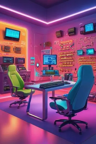 ufo interior,neon colors,neon,computer room,spaceship interior,neon human resources,neon ghosts,neon coffee,80's design,neon light,neon candies,cyberscene,neon lights,neon arrows,desks,game room,spaceland,neons,retro styled,neon cocktails,Illustration,Vector,Vector 19