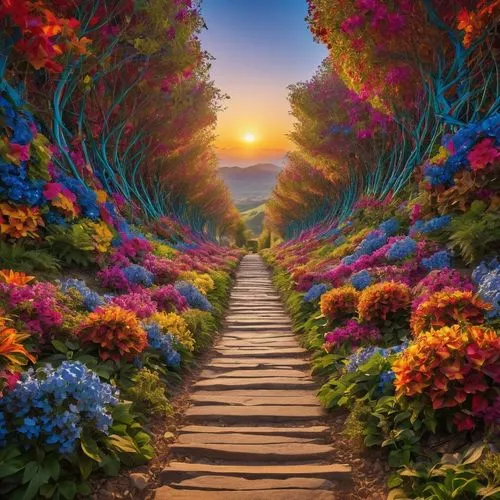 pathway,the mystical path,fantasy picture,sea of flowers,splendor of flowers,heaven gate,Photography,General,Realistic