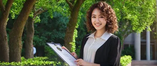 Young adult, woman, interior designer, holding diploma, smiling, bright eyes, curly brown hair, natural makeup, white blouse, black pencil skirt, heels, standing, college campus, greenery, flowers, su