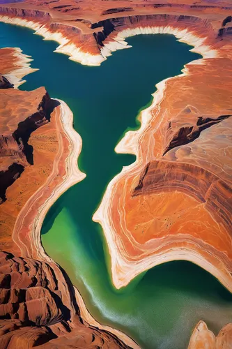 Lake Powell, AZ,glen canyon,lake powell,horseshoe bend,horsheshoe bend,aeolian landform,flaming mountains,dry lake,meanders,landform,aerial landscape,salt evaporation pond,red earth,south australia,vo