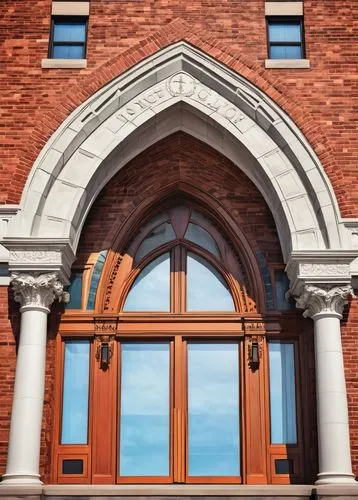 Architectural artifacts, St Louis MO, Gateway Arch, historic buildings, ornate details, Victorian-era architecture, red brick walls, stained glass windows, intricate stone carvings, grand entrance doo