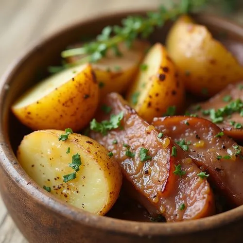 Potatos with meat,a brown bowl filled with sliced potatoes and meat,baked meat and potatoes,ukrainian dill potatoes,rosemary potatoes,navarin,sauerbraten,bourguignon