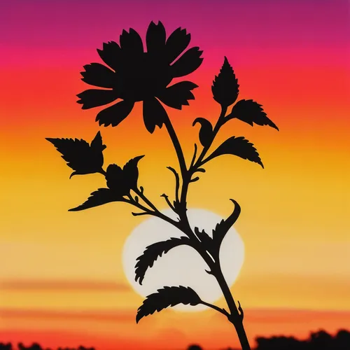 A single, stark flower silhouette against a bright, colorful sunset.,retro flower silhouette,flower in sunset,fireweed,african daisy,joe pye weed,ironweed,heracleum (plant),silhouette art,knapweed,swe