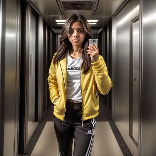 Self-portrait in the elevator.  Yellow sports jacket, black Adidas pants, 3 white stripes on the side.  White sports shoes.  On the way to fitness training.,elevator,levator,money heist,marta,mapei,ja