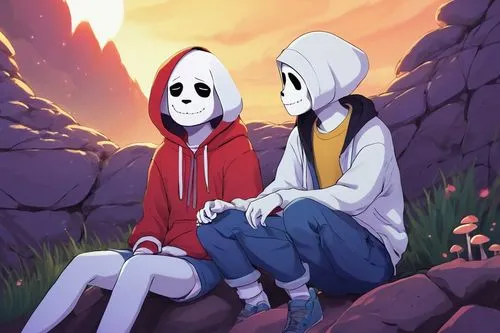 papyrus,hoodie,campfire,neon ghosts,would a background,girl and boy outdoor,two girls,hands holding,girlfriends,holding hands,skeletons,childhood friends,date,yinyang,ghost background,chatting,picnic,halloween poster,campers,teens,Illustration,Realistic Fantasy,Realistic Fantasy 07