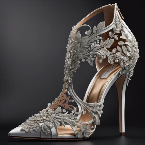 Imagine a luxurious women's shoe with intricate embellishments for a formal event.,bridal shoe,wedding shoes,bridal shoes,cinderella shoe,high heeled shoe,stiletto-heeled shoe,high heel shoes,court sh