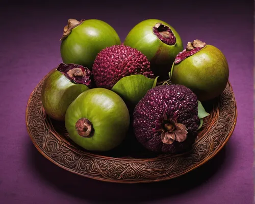 Describe the texture and color of a mangosteen.,purple mangosteen,chestnut fruits,kaki fruit,black walnuts,mangosteen,chestnut fruit,accessory fruit,exotic fruits,kiwi fruit,pome fruit,kiwis,edible fr