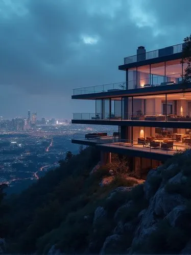 imagine an impressive image of a contemporary glass-walled residence perched on a hilltop, overlooking a sparkling city skyline. Capture the dramatic twilight sky and the reflection of lights on the t