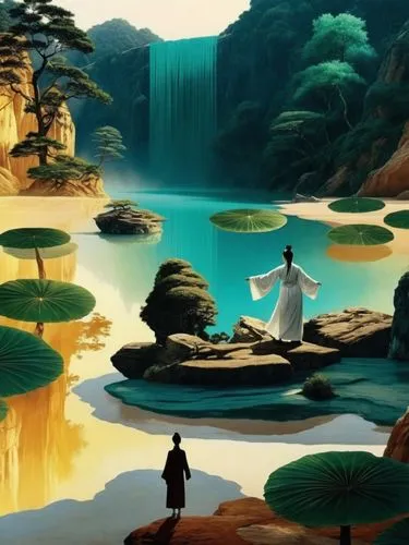 In a surreal landscape, a woman dressed in a white robe stand tall, holding a gold lacquer in her hand. The painting depicts a serene forest filled with green plants and lush greenery, that contrasts 