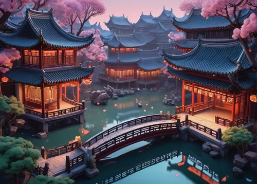 japanese sakura background,chinese architecture,asian architecture,sakura background,chinese temple,sakura trees,the cherry blossoms,spring festival,sakura blossoms,sakura blossom,oriental,cherry blossoms,chinese art,forbidden palace,tsukemono,lanterns,kyoto,cherry blossom festival,plum blossoms,spa town,Unique,3D,Isometric