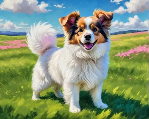 cute ai generated dog, standing pose, fluffy white fur, big brown eyes, pink nose, floppy ears, sitting on a green grass, sunny day, blue sky with white clouds, 3/4 composition, soft natural lighting,