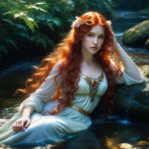 Fiery-haired enchantress, porcelain complexion, cascading red-crimson locks, divine allure, echoes of Birth of Venus, sheer drapery, graceful and refined, mystical aura, romantic scenery, dreamy hues,