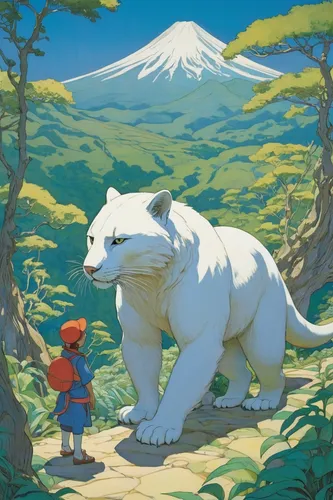 studio ghibli,white bear,bear kamchatka,shirakami-sanchi,bear guardian,kamchatka,polar bear children,nordic bear,icebear,great bear,travel poster,my neighbor totoro,ice bear,adventurer,hokkaido,fuji,bear,explorer,children's background,boy and dog,Illustration,Retro,Retro 07