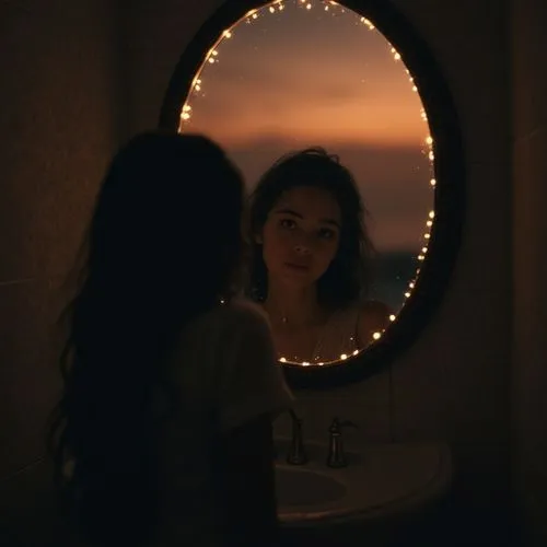 a woman standing by the bathroom sink looking at herself in the mirror,in the mirror,the mirror,mirror,magic mirror,mirror reflection,mirrors,Photography,Artistic Photography,Artistic Photography 03