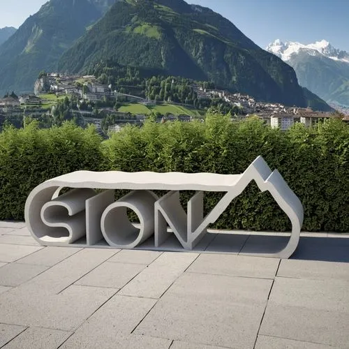 concept of a personalized bench for the capital city of sion in Switzerland. Details: Size: 1500 x 450 mm Include the name of the city: Sion Incorporate a mountain design if possible, it will be 3d pr