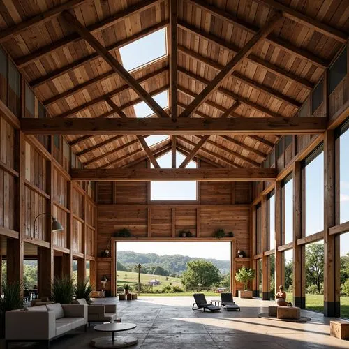 Rustic barn, experimental architecture, innovative structures, reclaimed wood, metal accents, industrial chic, open floor plan, natural ventilation, abundant skylights, clerestory windows, minimalist 