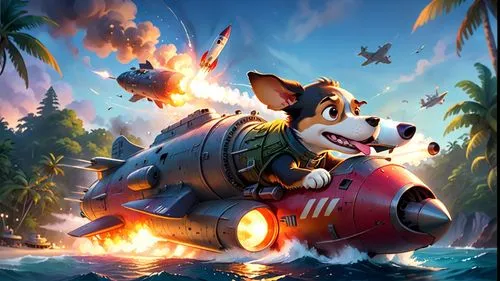 Dog riding a rocket, jet engine, headlight, smoke, fire,rocket raccoon,rocket,fighter pilot,water sports,afterburner,crash,crash-land,corgi,cg artwork,crash cart,plane crash,pilot,game illustration,da