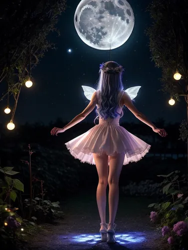 Moon on blue rose, anime  in moon anime fairy lights ,little girl fairy,child fairy,faerie,fairy,fairies aloft,fairy dust,alice in wonderland,rosa ' the fairy,the night of kupala,moonlight,garden fair